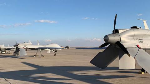 US Army drones at the Al Asad Airbase in the western Iraqi province of Anbar, January 2020. (Ayman Henna/AFP via Getty Images)