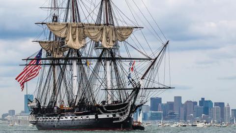 The USS Constitution set sail for the first time since 1997 in Boston Harbor. (Photo by Aram Boghosian for The Boston Globe via Getty Images)