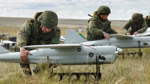 Orlan-10 unmanned aerial vehicles during the  main stage of the Vostok 2018 large-scale military exercise held  by the Russian Armed Forces and involving troops from China and  Mongolia, at the Tsugol range (Getty Images)
