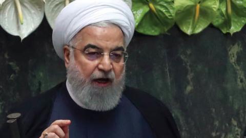 Iranian President Hassan Rouhani delivers a speech during the inaugural session of the new parliament following February elections, in Tehran on May 27, 2020. (Photo by -/AFP via Getty Images)