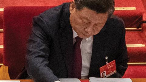 China's President Xi Jinping during the closing session of the National People's Congress at the Great Hall of the People on March 11, 2021 (Photo by Kevin Frayer/Getty Images)