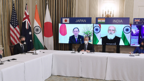 US President Joe Biden, with Secretary of State Antony Blinken, meets virtually with members of the "Quad" alliance of Australia, India, Japan and the US, in the White House on March 12, 2021. (OLIVIER DOULIERY/AFP/Getty Images)