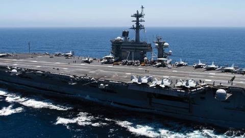 In this handout released by the U.S. Navy, The aircraft carrier USS Theodore Roosevelt (CVN 71) transits the Pacific Ocean. Theodore Roosevelt is conducting routine operations in the Eastern Pacific Ocean. (Photo by U.S. Navy via Getty Images)