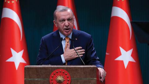 Turkish President Recep Tayyip Erdogan presents statements following the Cabinet Meeting at the Presidential Complex in Ankara on October 5, 2020. (Photo by ADEM ALTAN/AFP via Getty Images)