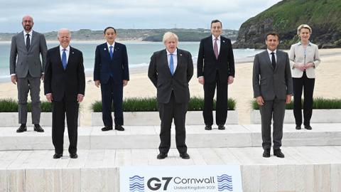 Leaders pose for a group photo at the G7 summit, in Carbis Bay, Britain, June 11, 2021 (Photo by Leon Neal - WPA Pool/Getty Images)