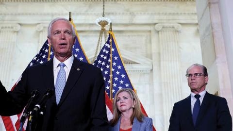 Sen. Ron Johnson (R-WI) speaks alongside Sen. Roger Wicker (R-MS), Sen. Marsha Blackburn (R-TN) and Sen. Roger Marshall (R-KN) at a news conference to discuss the origins of COVID-19 on June 10, 2021 in Washington, DC (Anna Moneymaker/Getty Images)