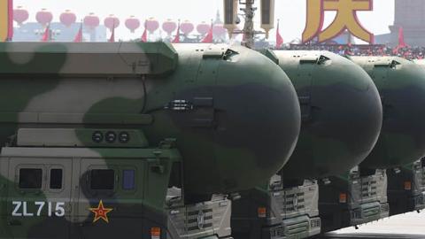 China's DF-41 nuclear-capable intercontinental ballistic missiles are seen during a military parade at Tiananmen Square in Beijing on October 1, 2019 (Photo by GREG BAKER/AFP via Getty Images)