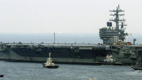US nuclear-powered aircraft carrier USS Ronald Reagan departs the Yokosuka naval base in Yokosuka, Kanagawa prefecture on September 8, 2017 (STR/AFP via Getty Images)