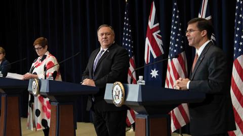 Australia's Minister for Defense Linda Reynolds and Foreign Minister Marise Payne and US Secretary of State Mike Pompeo listen while US Secretary of Defense Mark Esper speaks during a press conference following the 30th AUSMIN on July 28, 2020 (Getty)