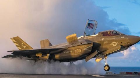 A F-35B executes a short takeoff from the USS America during allied exercises between the Royal Navy and US Marines in the Philippine Sea, Aug. 20, 2021. (US Marine Corps/John Tetrault)