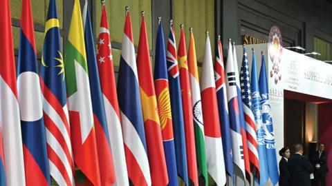 The national flags of the various countries attending the 35th Association of Southeast Asian Nations (ASEAN) Summit are displayed in Bangkok on November 4, 2019 (Photo by ROMEO GACAD/AFP via Getty Images)