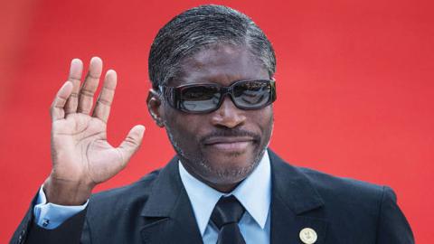 Vice President of Equatorial Guinea Teodoro Nguema Obiang Mangue gestures while arriving at the inauguration of Incumbent South African President Cyril Ramaphosa on May 25, 2019 (MICHELE SPATARI/AFP via Getty Images)