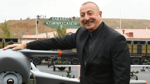 Azerbaijani President Ilham Aliyev poses with a Harop drone in Jabrayil, Azerbaijan (Press Service, Republic of Azerbaijan)