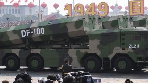 Military vehicles carrying DF-100 ground-based land-attack missiles participate in a military parade at Tiananmen Square in Beijing on October 1, 2019. (GREG BAKER/AFP via Getty Images)