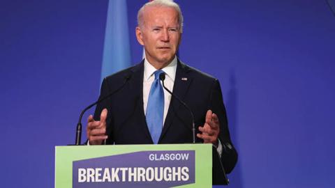 U.S. President Joe Biden speaks during the World Leaders' Summit "Accelerating Clean Technology Innovation and Deployment" session on day three of COP26 on November 02, 2021 in Glasgow, Scotland. (Photo by Chris Jackson/Getty Images)