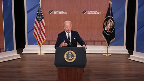 U.S. President Joe Biden delivers closing remarks for the White House's virtual Summit For Democracy in the Eisenhower Executive Office Building on December 10, 2021 in Washington, DC. (Photo by Chip Somodevilla/Getty Images)