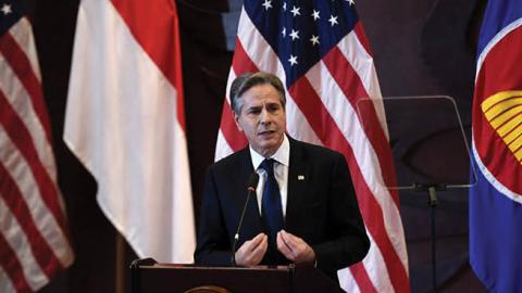 U.S. Secretary of State Antony Blinken delivers remarks on the Biden administration's Indo-Pacific strategy at the Universitas Indonesia in Jakarta, Indonesia on December 14, 2021. (Photo by OLIVIER DOULIERY/POOL/AFP via Getty Images)