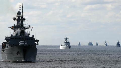 The warship formations of China and Russia sail through the Tsugaru Strait during the naval exercise Joint Sea-2021 on October 18, 2021 in the Western part of the Pacific Ocean. (Photo by Sun Zifa/China News Service via Getty Images)