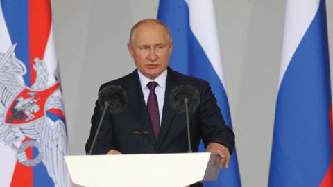 Russian President Vladimir Putin speaks during the opening ceremony of the International Military-Technical Forum "Army-2021" at the Patriot Park on August 23, 2021 in Kubinka, Russia. (Photo by Mikhail Svetlov/Getty Images)