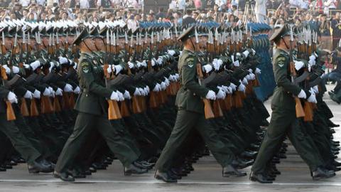 Chinese soldiers during the rehearsal of the military parade to celebrate the 70th Anniversary of the founding of the People's Republic of China on October 1, 2019 in Beijing, China. (Photo by the Asahi Shimbun via Getty Images)