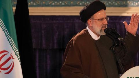 Iranian President Ebrahim Raisi delivers a speech in the Imam Khomeini Grand Mosque in downtown Tehran on January 3, 2022. (Photo by Morteza Nikoubazl/NurPhoto via Getty Images)