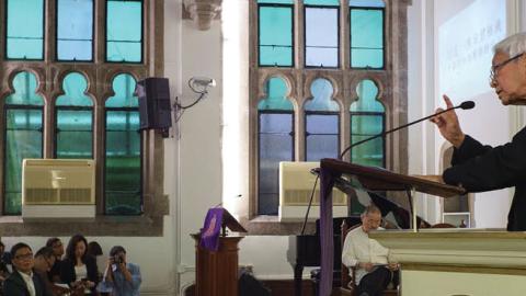 Cardinal Joseph Zen speaks to attendees at the Kowloon Union Church in Hong Kong, to pray for nine pro-democracy activists. (Yan Zhao/AFP via Getty Images) 