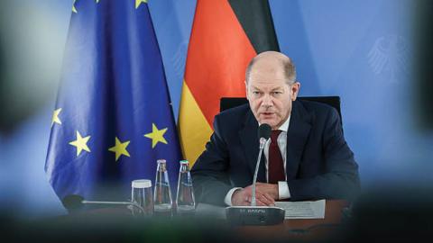 German Chancellor Olaf Scholz attends a video conference with close allies on the situation in and around Ukraine on January 24, 2022 in Berlin, Germany. (Photo by Jesco Denzel/Bundesregierung via Getty Images)
