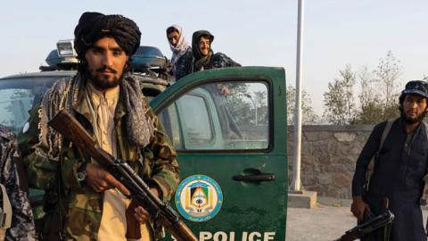 Taliban pose for media on Wazir Hill on September 19, 2021 in Kabul, Afghanistan. (Photo by Paula Bronstein/Getty Images)