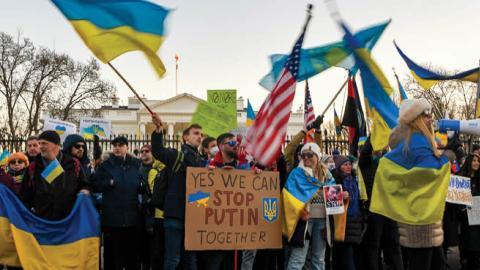 Demonstrators gather at the White House to protest against the rising tensions between Russia and Ukraine on February 20, 2022, in Washington, D.C. (Getty Images)