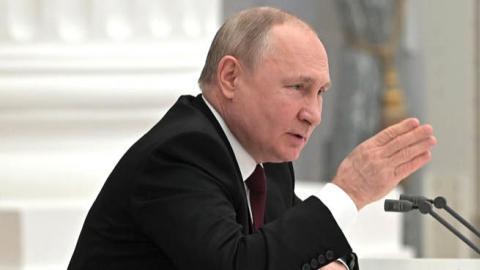 Russian President Vladimir Putin summons a meeting of Russia's Security Council at the Kremlin in Moscow, Russia on February 21, 2022. (Getty Images)