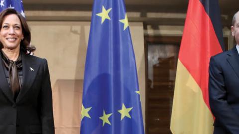 German Chancellor Olaf Scholz (R) and U.S. Vice President Kamala Harris (L) pose for the media ahead of bilateral talks at the 2022 Munich Security Conference on February 19, 2022, in Munich, Germany. (Getty ImagesV