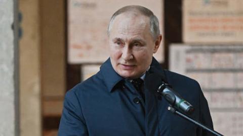 Russian President Vladimir Putin gives a speech as he visits the National Space Centre construction site in Moscow on February 27, 2022. (Photo by Sergei Guneyev/Sputnik/AFP via Getty Images)