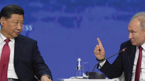 Russian President Vladimir Putin and Chinese Leader Xi Jinping attend a plenary session of the St. Petersburg International Economic Forum (SPIEF) in Saint Petersburg on June 7, 2019. (Olga Maltseva/AFP via Getty Images)