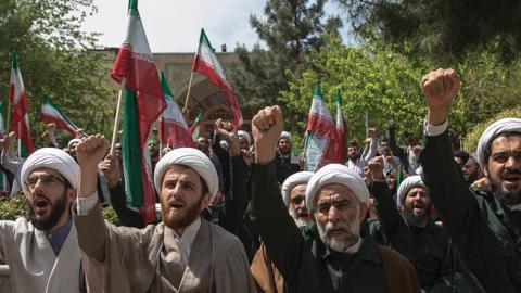 Iranian Clerics chant slogans during an anti-U.S. rally in Tehran on April 14, 2019 after the U.S. designation of Iran's Revolutionary Guard Corps as a terrorist organization. (Photo by Rouzbeh Fouladi/NurPhoto via Getty Images)