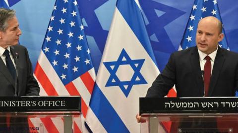 Israeli Prime Minister Naftali Bennett and U.S. Secretary of State Antony Blinken hold a joint press conference following their meeting within the Negev Summit in Tel Aviv, Israel on March 27, 2022. (Photo by GPO/Handout/Anadolu Agency via Getty Images)