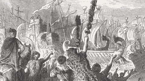 A woodcut of The Battle of Actium based on a drawing by Heinrich Leutemann. (Getty Images)