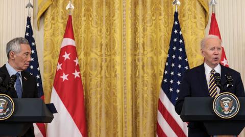 U.S. President Joe Biden delivers remarks alongside Prime Minister Lee Hsien Loong of Singapore in the East Room of the White House on March 29, 2022 in Washington, DC. (Photo by Anna Moneymaker/Getty Images)