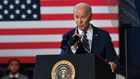 U.S. President Joe Biden delivers remarks in Greensboro, NC on April 14, 2022. (Photo by Peter Zay/Anadolu Agency via Getty Images)