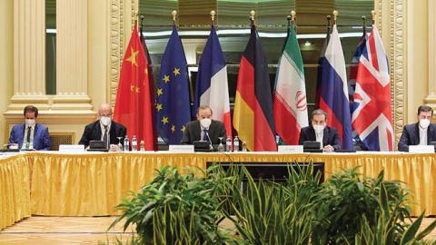 Representatives of the European Union, Iran and others attend the Iran nuclear talks at the Grand Hotel on April 15, 2021 in Vienna, Austria. (Photo by EU Delegation in Vienna via Getty Images)