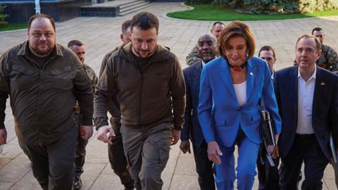 Ukrainian President Volodymyr Zelensky meets U.S. Speaker of the House Nancy Pelosi during a visit by a U.S. congressional delegation on April 30, 2022 in Kyiv, Ukraine. (Photo by the Ukrainian Presidential Press Office/Handout via Getty Images)