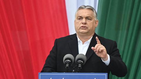 Hungarian Prime Minister Viktor Orban speaks on stage during the closing campaign session of the FIDESZ party, in Szekesfehervar, Hungary on April 1, 2022. (Photo by Attila Kisbenedek/ AFP via Getty Images) 