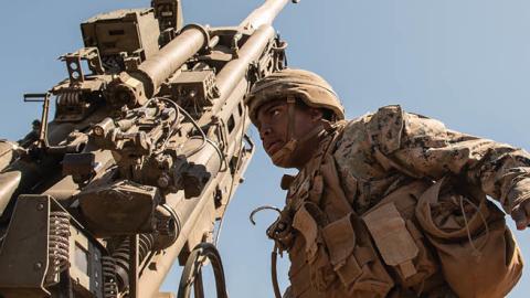 Field artillery cannoneer emplaces M777A2 Howitzer during Artillery Relocation Training Program 21.1, at Combined Arms Training Center, Camp Fuji, Japan, April 26, 2021. (U.S. Marine Corps/ Michael Jefferson Estillomo)