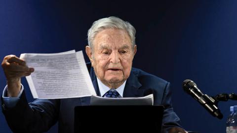  George Soros addresses the assembly on the sidelines of the World Economic Forum (WEF) annual meeting in Davos on May 24, 2022. (Photo by Fabrice Coffrini/AFP via Getty Images)