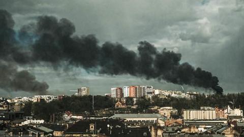 Smoke rises on the horizon following missile strikes on Lviv on April 18, 2022. The missile strikes come in the wake of the sinking of the Russian Navy Flagship, Moskva, in the Black Sea. (Photo by Matthew Hatcher via Getty Images)