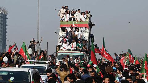 Ousted Pakistan's prime minister Imran Khan leads a rally in Islamabad on May 26, 2022. (Photo by Aamir Qureshi/AFP via Getty Images)