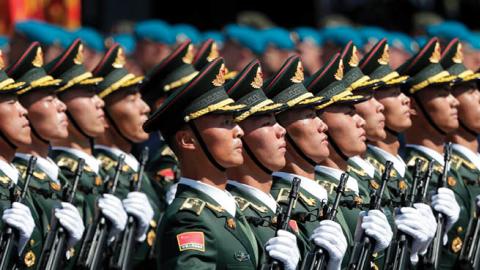 Soldiers from China's People's Liberation Army march on Red Square during a military parade in Moscow on June 24, 2020. (Photo by Pavel Golovkin/Pool/AFP via Getty Images)