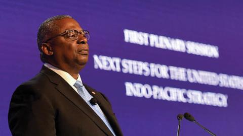 US Defense Secretary Lloyd Austin speaks at the Shangri-La Dialogue summit in Singapore on June 11, 2022. (Photo by Roslan Rahman/AFP via Getty Images)