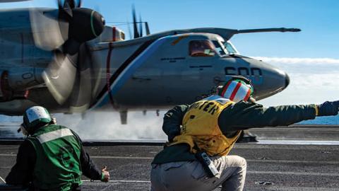  E-2D Hawkeye attached to the "Seahawks" of Airborne Command and Control Squadron (VAW) 126 prepares to launch from the flight deck of the Nimitz-class aircraft carrier USS Harry S. Truman (CVN 75), Feb. 21, 2022. (U.S. Navy)