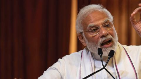 Prime Minister Narendra Modi addresses during the Samachar Dwishatabdi celebrations of Mumbai Samachar, the Gujarati daily newspaper, at BKC on June 14, 2022 in Mumbai, India. (Photo by Satish Bate/Hindustan Times via Getty Images)