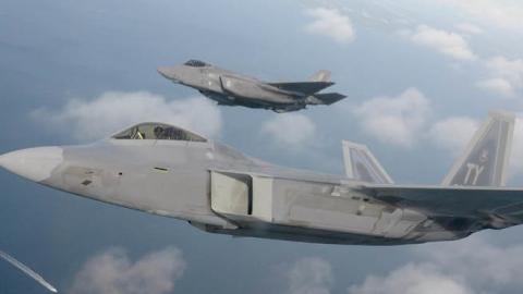 A F-22 Raptor from the 325th Fighter Wing flies alongside a F-35 Lightning II from the 33rd  Fighter Wing over the Emerald Coast. (U.S. Air Force photo by 1st Lt Savanah Bray)